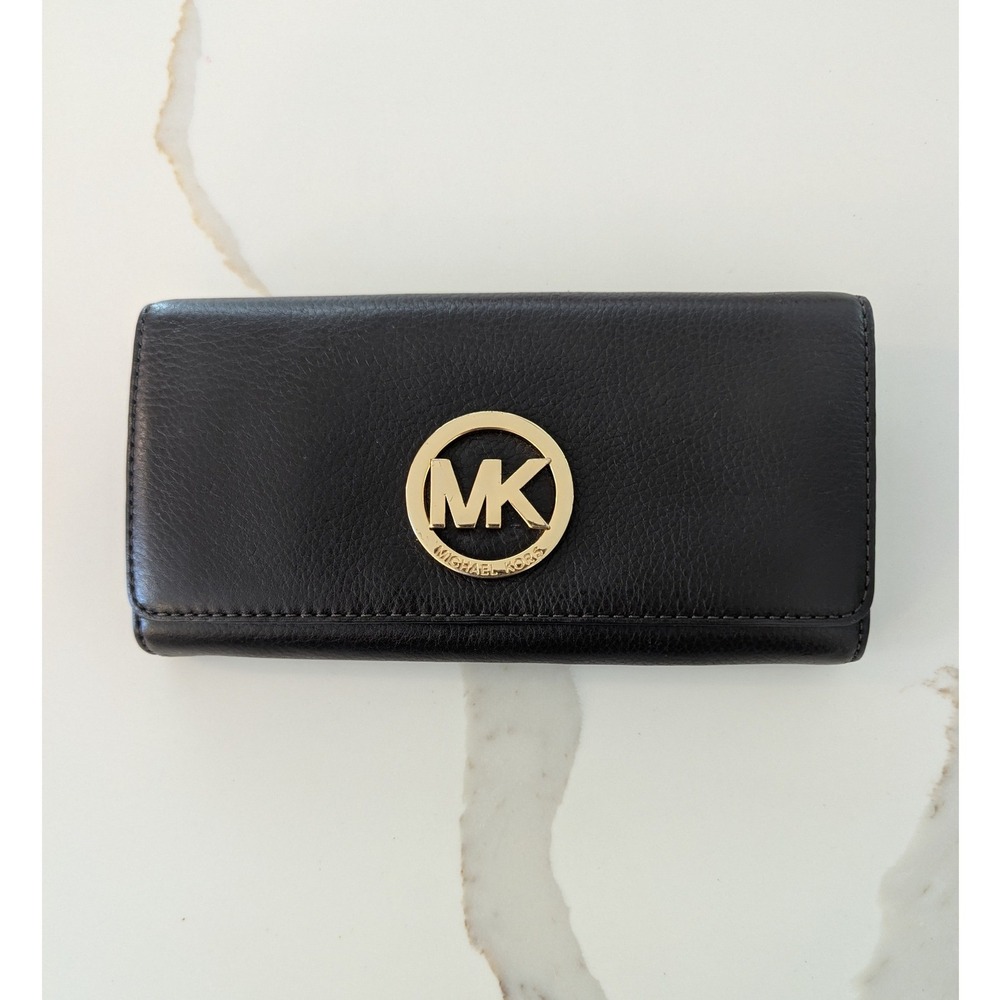 Michael Kors Fulton Flap Wallet Dark Brown Leather Gold Logo Medallion EUC Chic